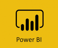 Gelber Hintergrund mit schwarzem eckigen Logo und der Schrift Power BI