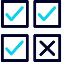 Icon vier Checkboxen, eine Box mit einem schwarzen Kreuz, drei mit einem blauen Haken