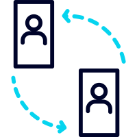 Icon zwei Visitenkarten mit blauem Pfeil verbunden